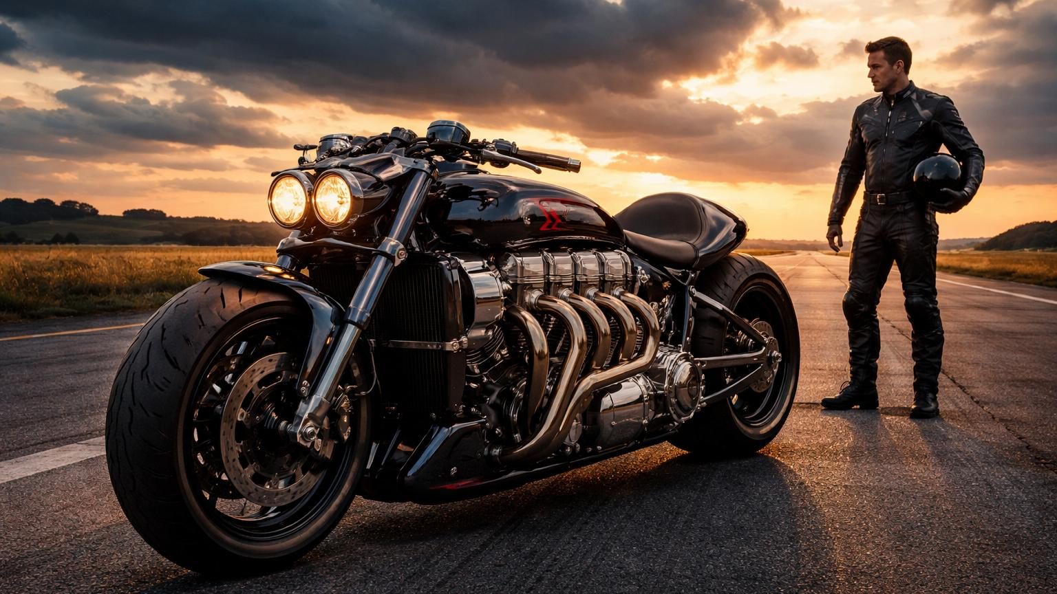 Gros plan sur le moteur V10 imposant et les éléments mécaniques bruts de la Viper V10, moto artisanale construite à la main, avec des cylindres visibles et une architecture longitudinale caractéristique.