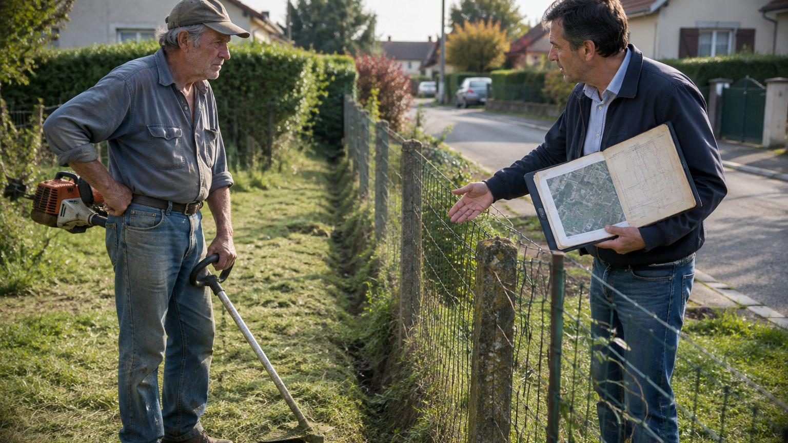Un homme d'âge mûr tondeuse à la main devant une bande d'herbe étroite au bord de sa clôture, séparant sa propriété d'un fossé, symbolisant le conflit de limites de terrain avec son voisin.
