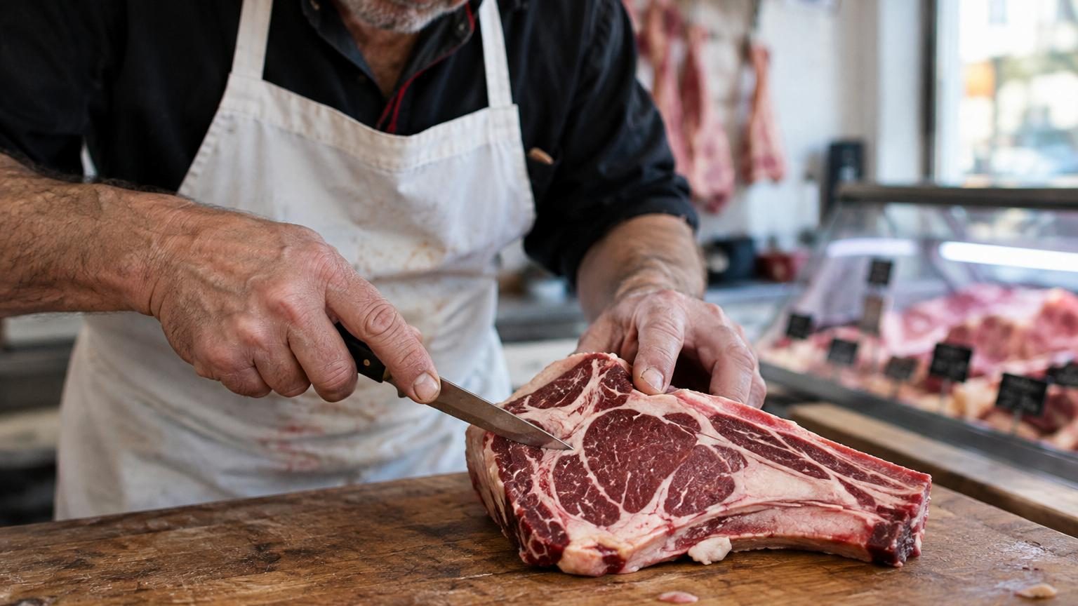 Morceau de viande rouge rosé avec os et gras blanc, posé sur une surface de barbecue chaude avec grille métallique