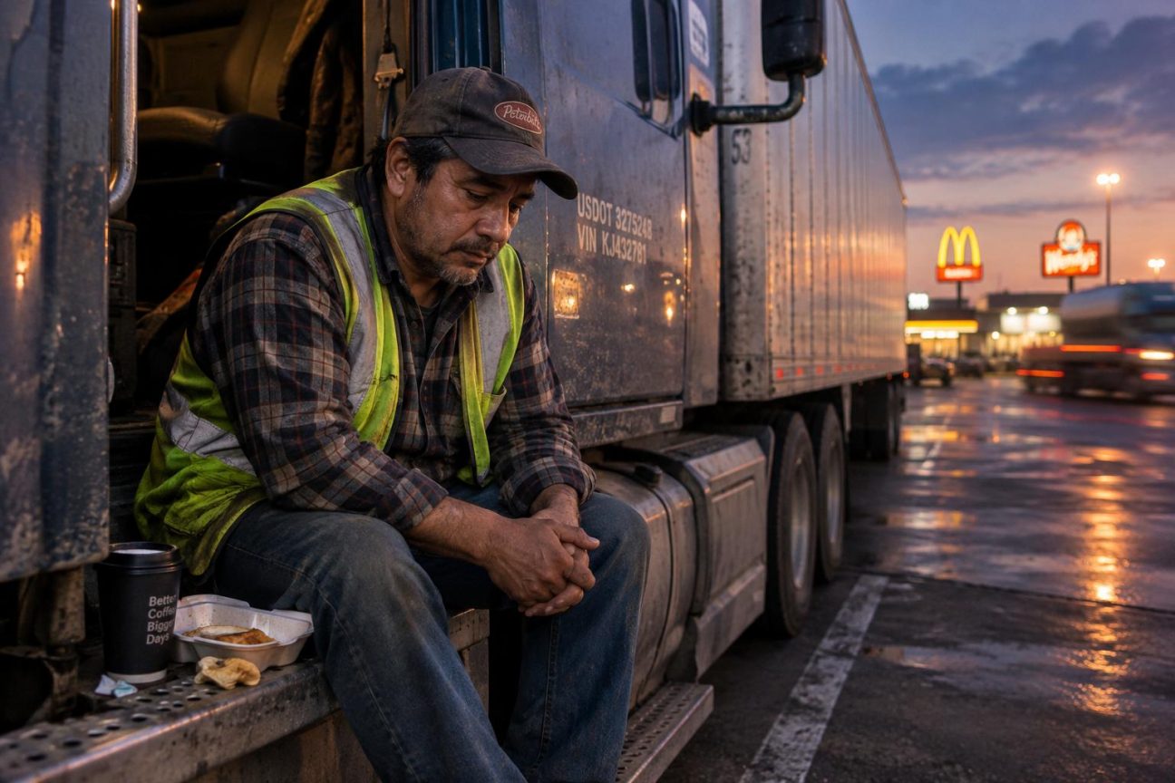 Camionneur espagnol au volant de son poids lourd sur une autoroute américaine, symbolisant la vie professionnelle éreintante mais lucrative loin de l'Espagne.