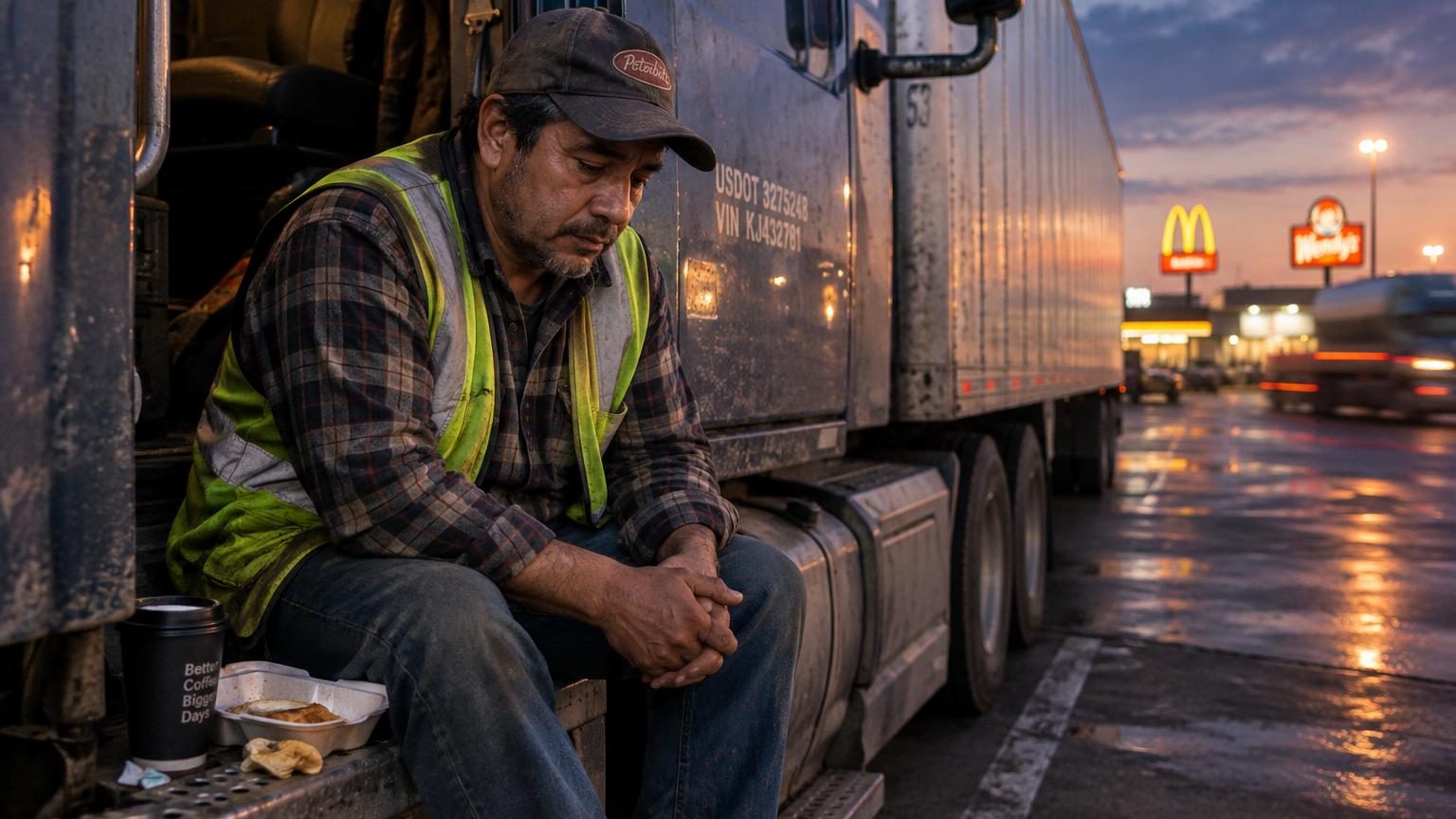 Camionneur espagnol au volant de son poids lourd sur une autoroute américaine, symbolisant la vie professionnelle éreintante mais lucrative loin de l'Espagne.
