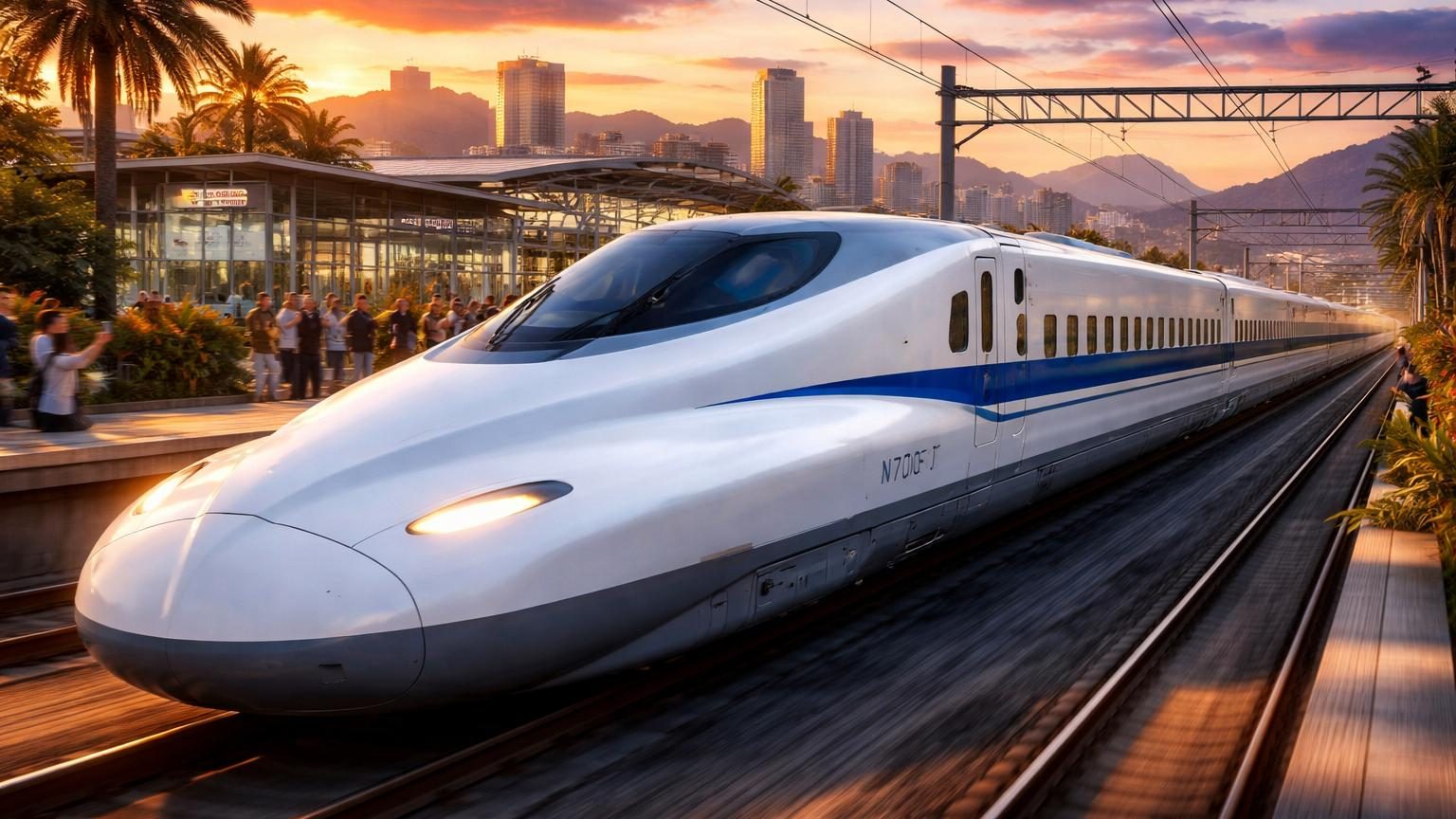 Rame train à grande vitesse Shinkansen N700ST blanche et rouge circulant sur une voie ferrée en Asie, illustrant la technologie japonaise adaptée à un réseau ferroviaire étranger.