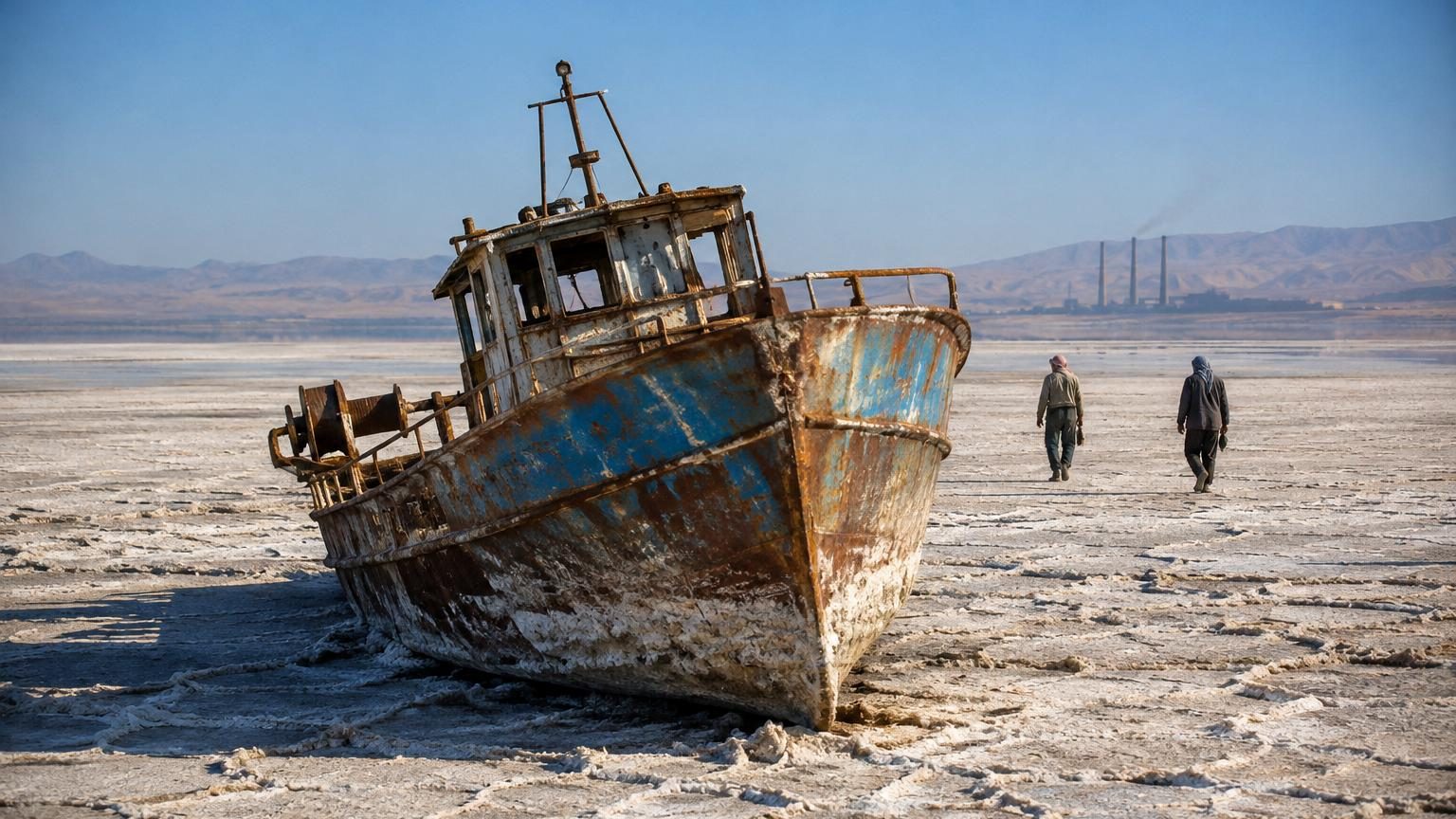 Bateau de pêche rouillé échoué sur le lit desséché, craquelé et blanc de poussière de la mer d'Aral, avec l'horizon vide en arrière-plan.