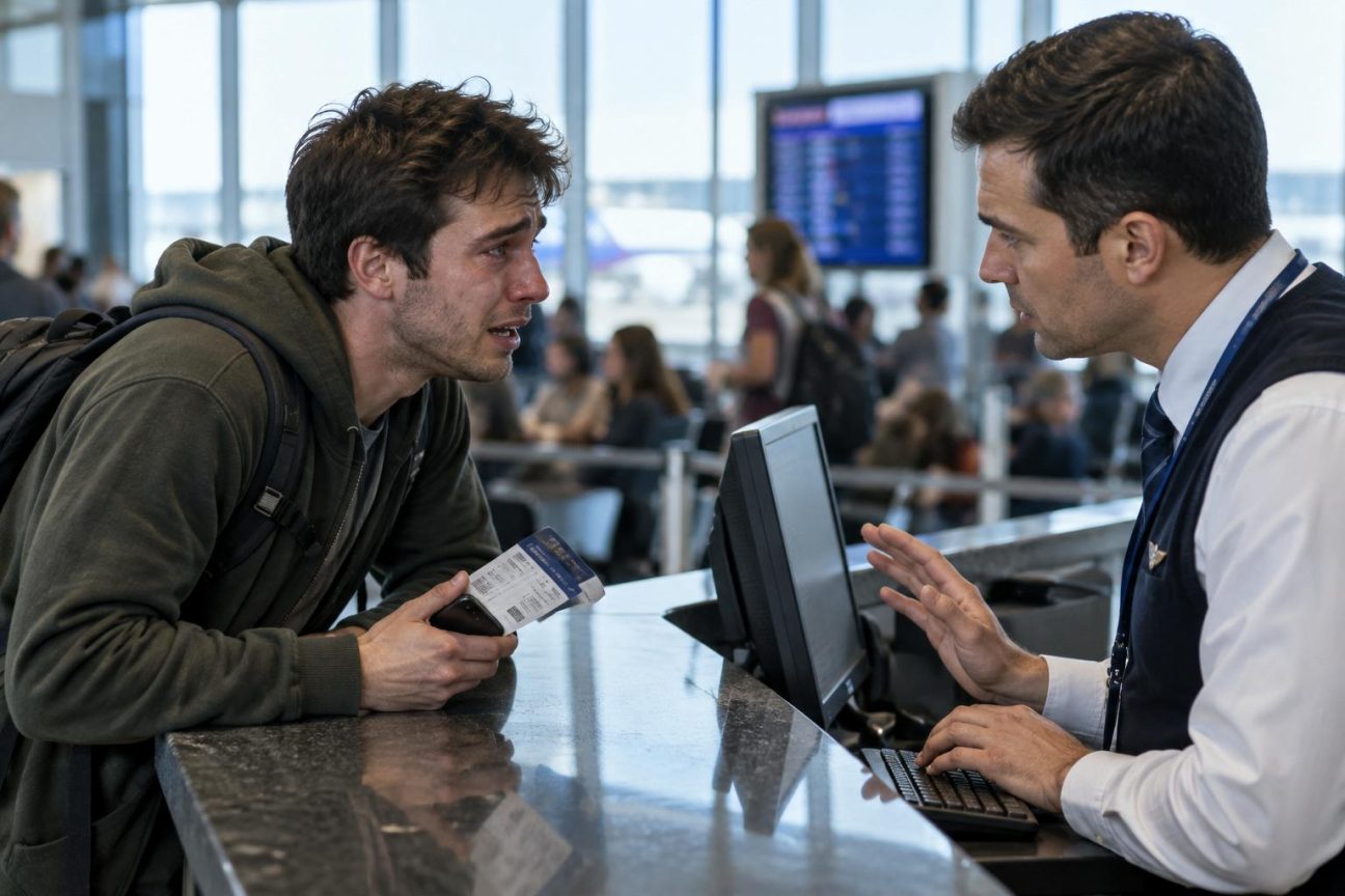 Un agent d'embarquement en uniforme derrière un comptoir d'aéroport tends une carte d'embarquement à un jeune homme en détresse, porteur d'une urgence familiale.