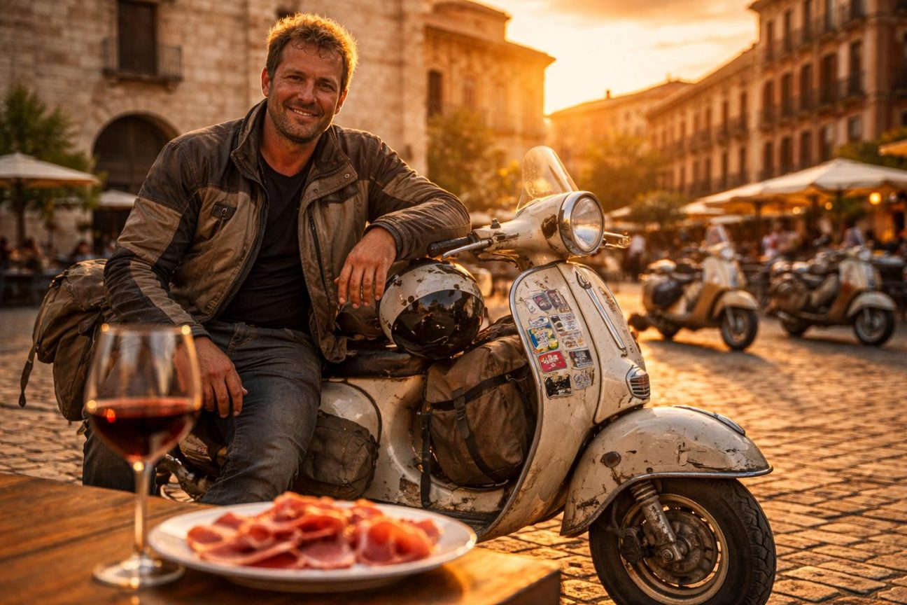 Un motard allemand souriant au guidon d'une ancienne Vespa rouge, épuisé mais triomphant après son tour du monde de 80 jours et 27 000 kilomètres.