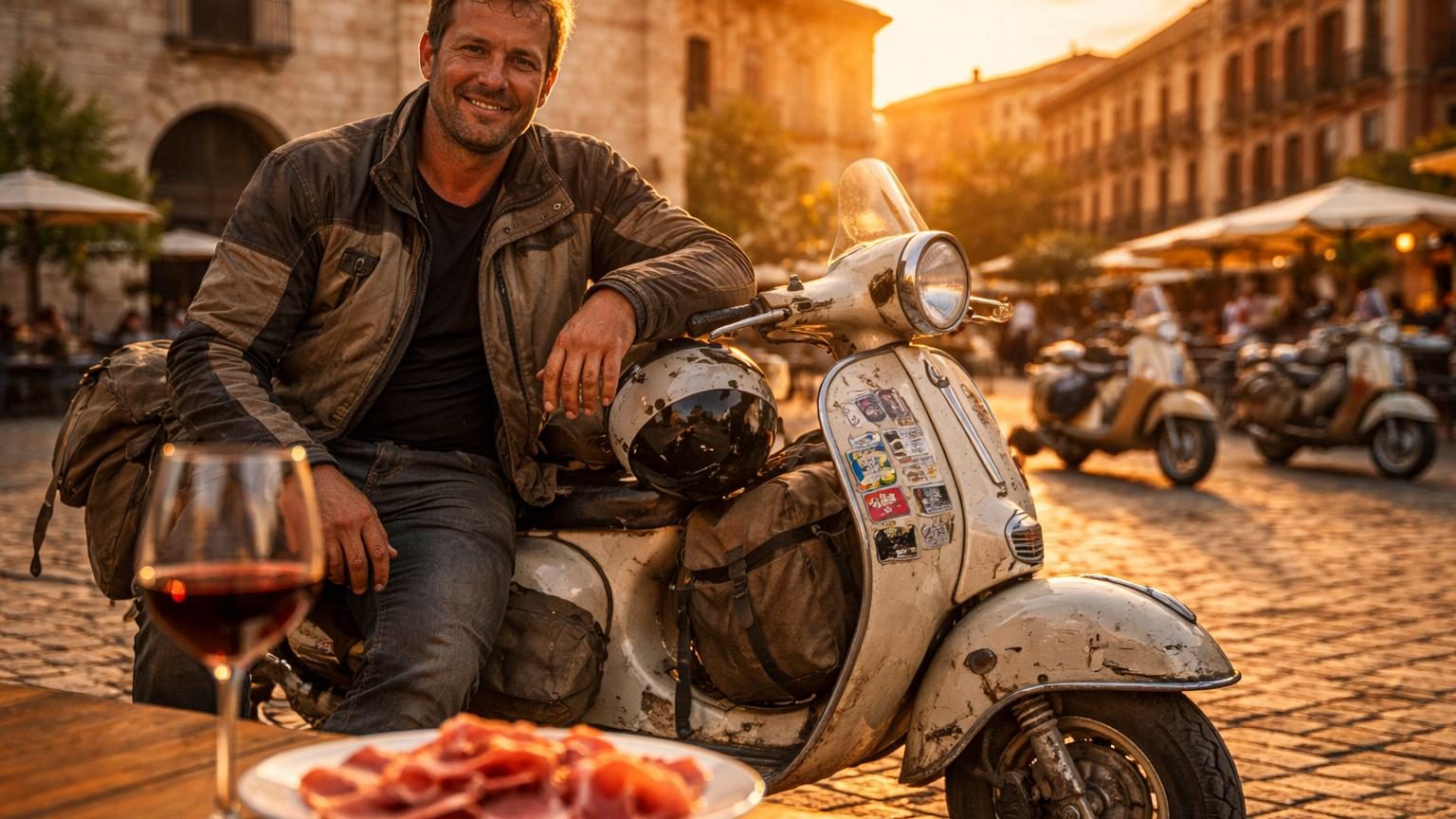 Un motard allemand souriant au guidon d'une ancienne Vespa rouge, épuisé mais triomphant après son tour du monde de 80 jours et 27 000 kilomètres.