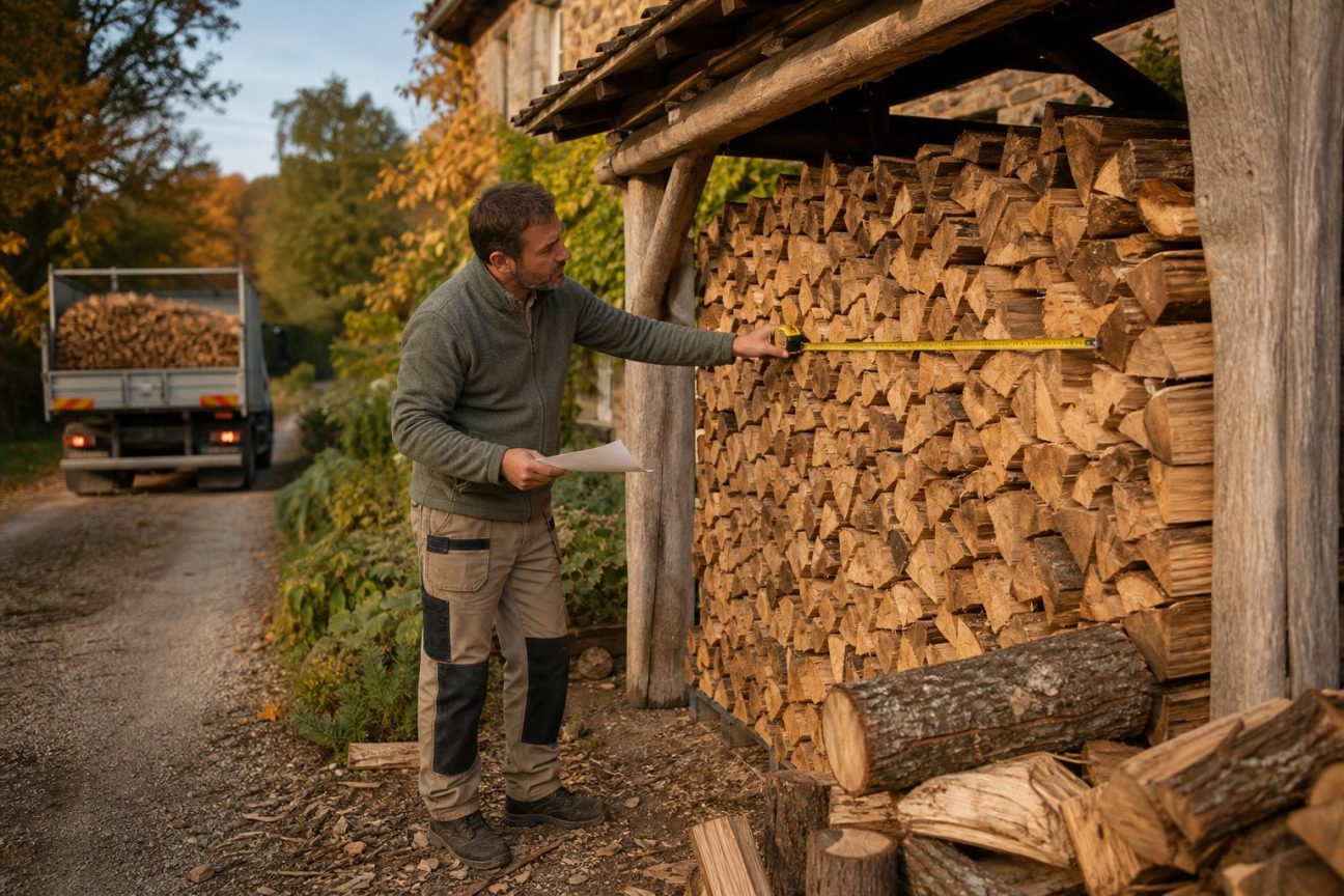 Pile de bûches de bois de 33 centimètres empilées sous un abri, avec un mètre ruban le long de la pile pour en vérifier les dimensions