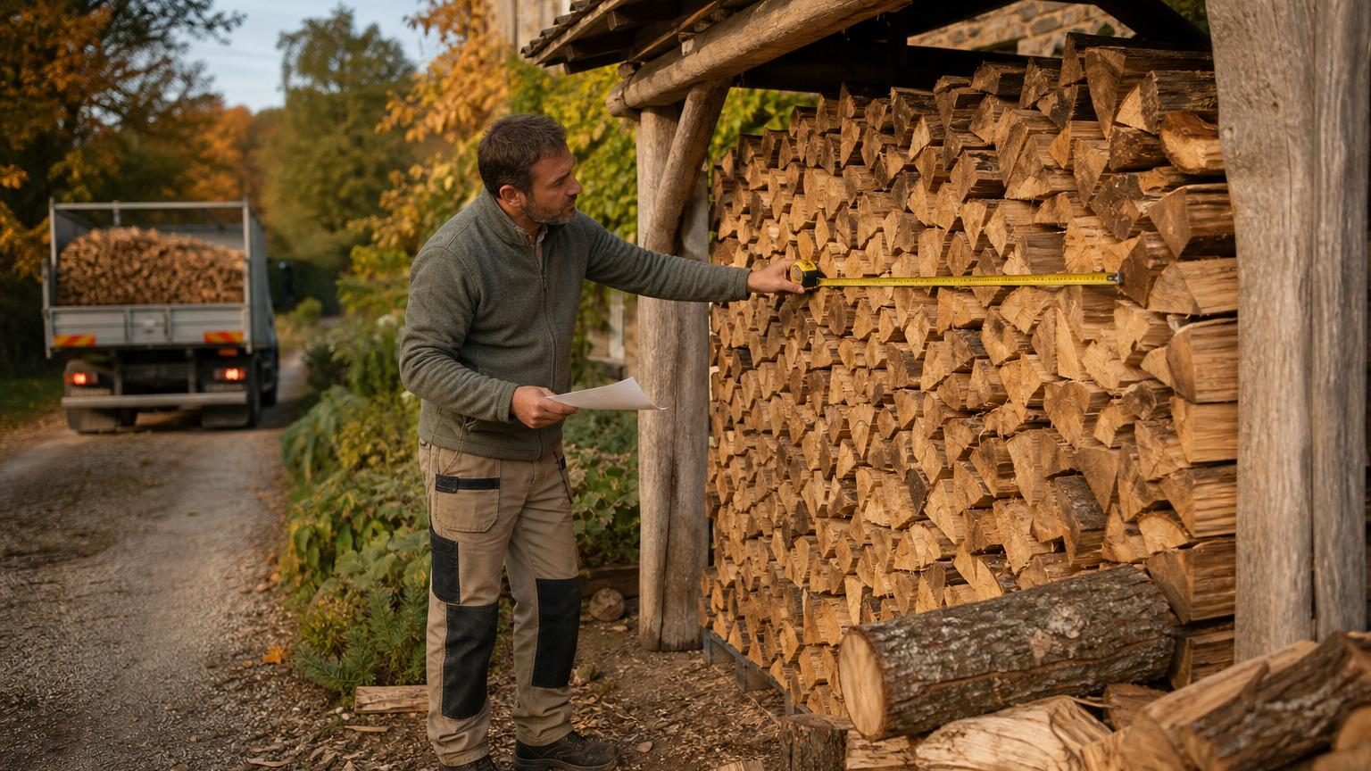 Pile de bûches de bois de 33 centimètres empilées sous un abri, avec un mètre ruban le long de la pile pour en vérifier les dimensions