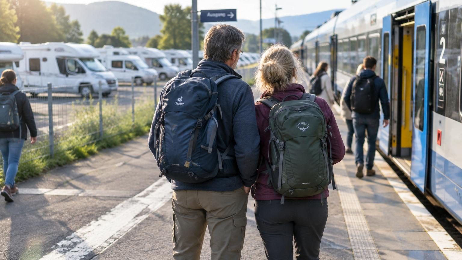Un couple assis dans un camping-car contemple l'horizon depuis la fenêtre, symbolisant leur parcours entre le confort matériel et la quête de liberté mentale en voyage.