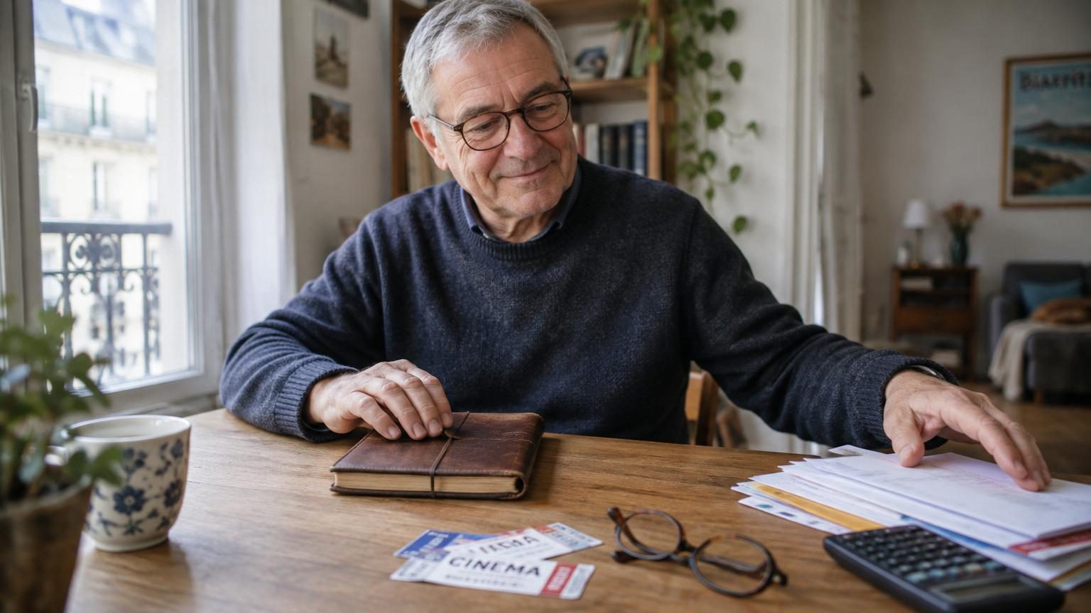 Homme d'environ 60 ans tenant un petit carnet en cuir, assis à un arrêt de bus, observant la scène avec un demi-sourire pensif en fin d'après-midi.