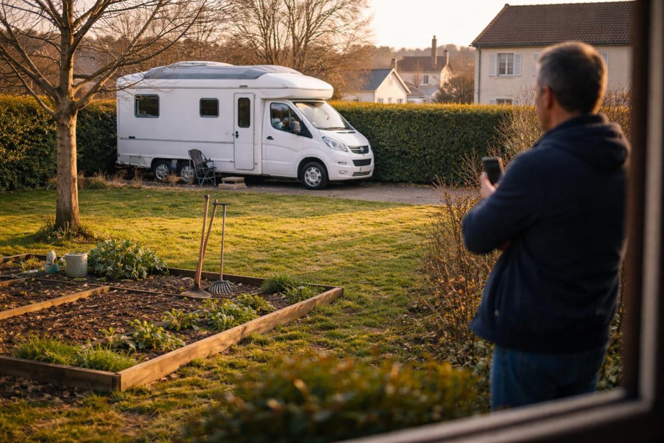 Vue d'un jardin résidentiel avec un camping-car blanc stationné au fond, partiellement caché derrière une haie et visible depuis la maison voisine