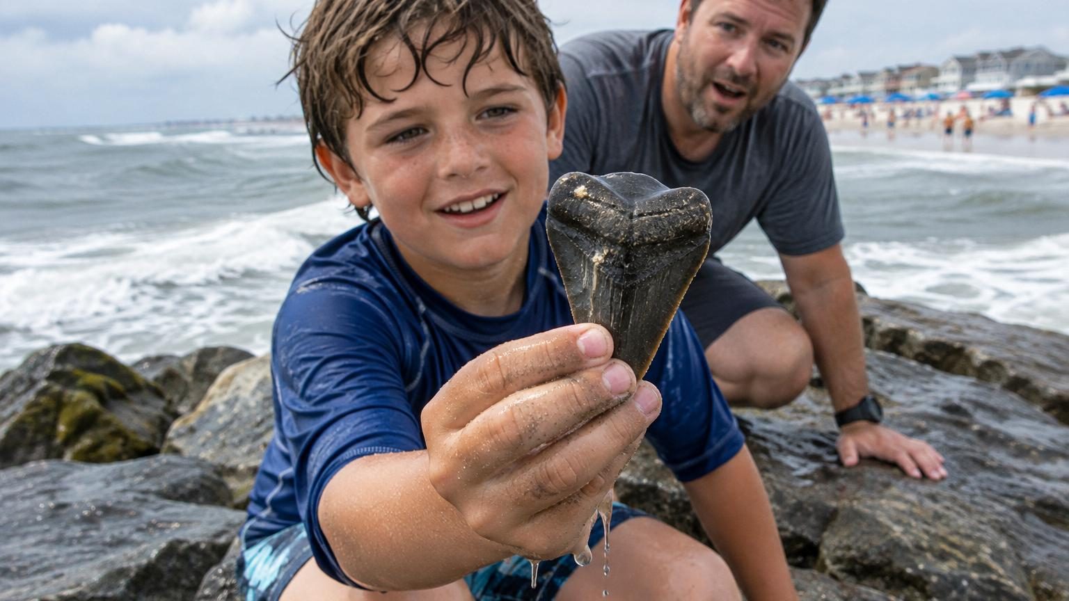Il grimpe sur une digue en bord de mer et repart avec une dent de 10 cm : elle appartenait à un mégalodon