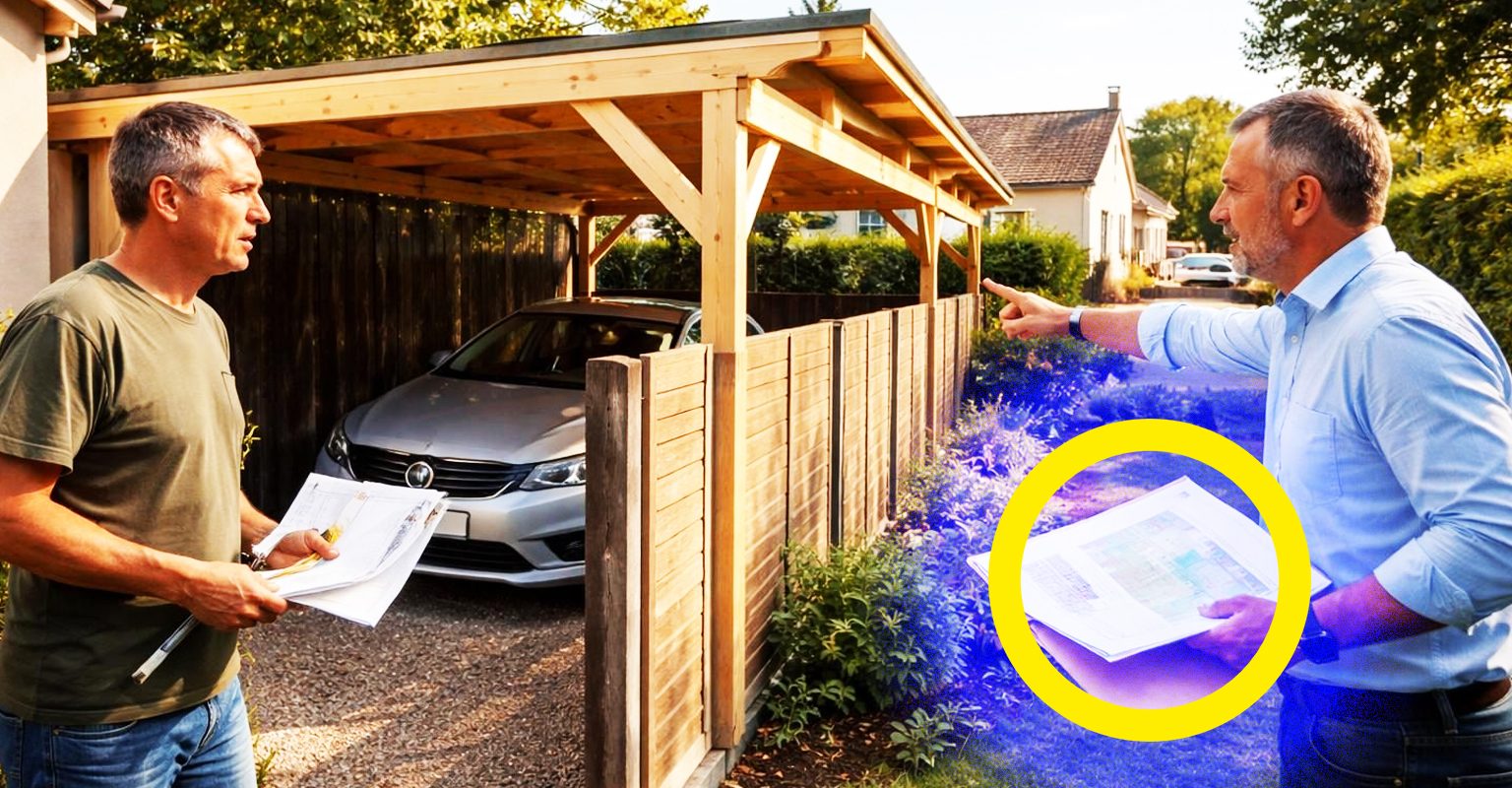 Un carport ouvert adossé à une clôture entre deux propriétés mitoyennes, illustrant les enjeux juridiques de l'urbanisme en limite de terrain.