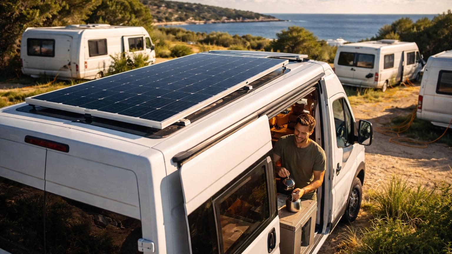 Un camping-car avec un panneau solaire noir mat posé fièrement sur le toit, sans câble orange branché à une borne, stationné sur une aire tranquille avec vue.