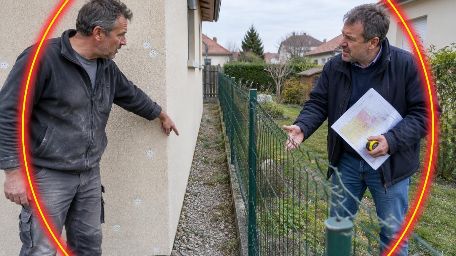 Façade blanche isolée par l'extérieur longeant une clôture en grillage rigide, avec des piquets de géomètre marquant la limite de propriété débordant sur le mur isolé