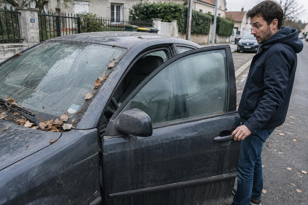 Voiture berline stationnée dehors dans une rue résidentielle, couverte de poussière et de feuilles mortes, pare-brise couvert de buée et de condensation.