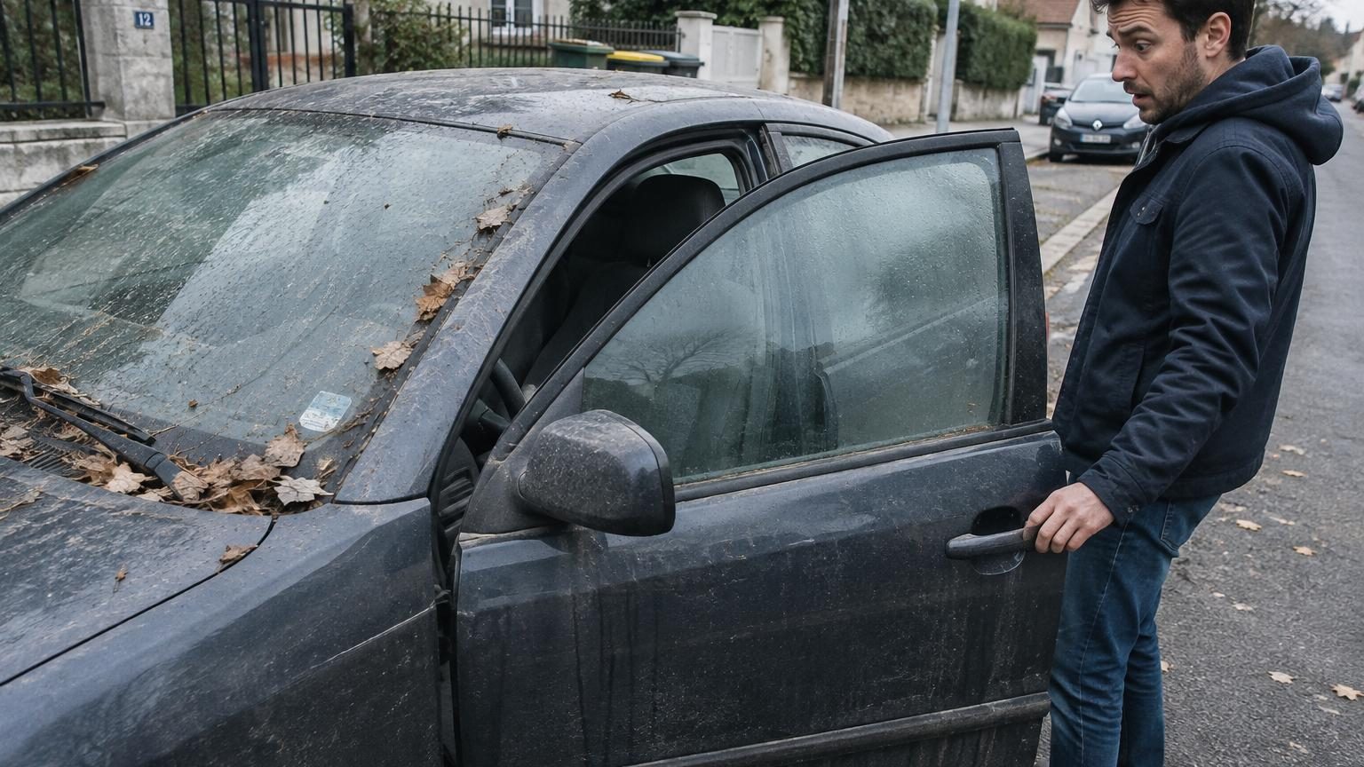 Voiture berline stationnée dehors dans une rue résidentielle, couverte de poussière et de feuilles mortes, pare-brise couvert de buée et de condensation.