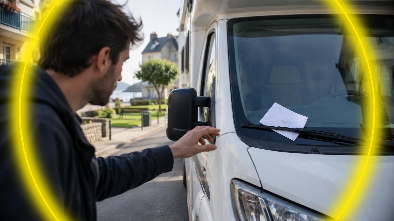 Enveloppe blanche glissée sous l'essuie-glace d'un camping-car blanc stationné devant un immeuble urbain, symbolisant un message anonyme de voisinage.