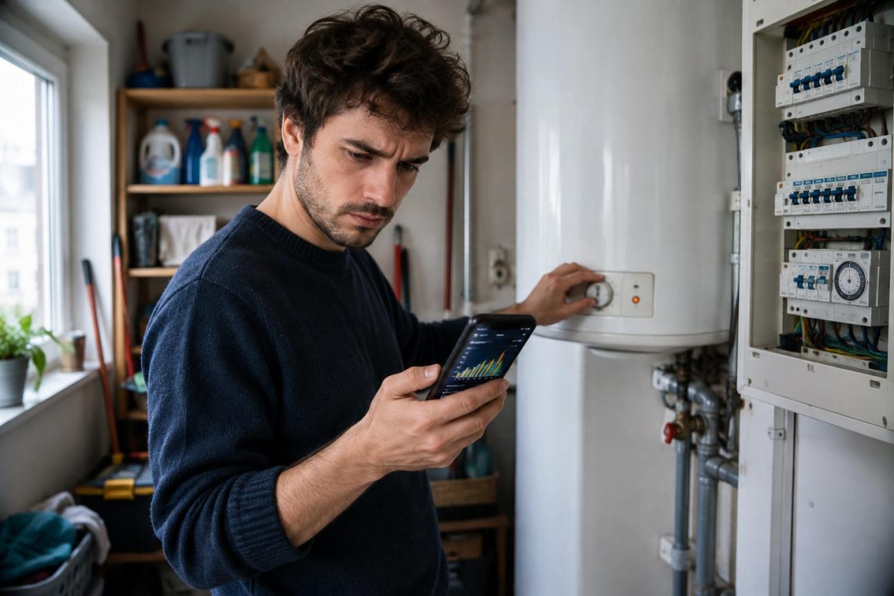 Détail d'un compteur électrique intelligent affichant les courbes de consommation quotidienne, montrant un pic concentré la nuit