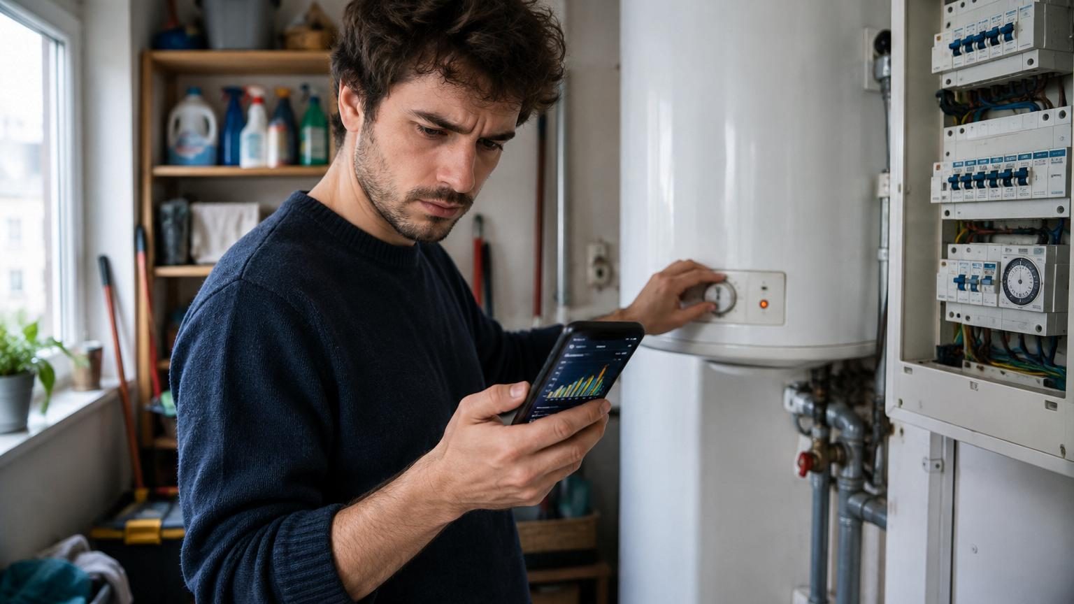 Détail d'un compteur électrique intelligent affichant les courbes de consommation quotidienne, montrant un pic concentré la nuit