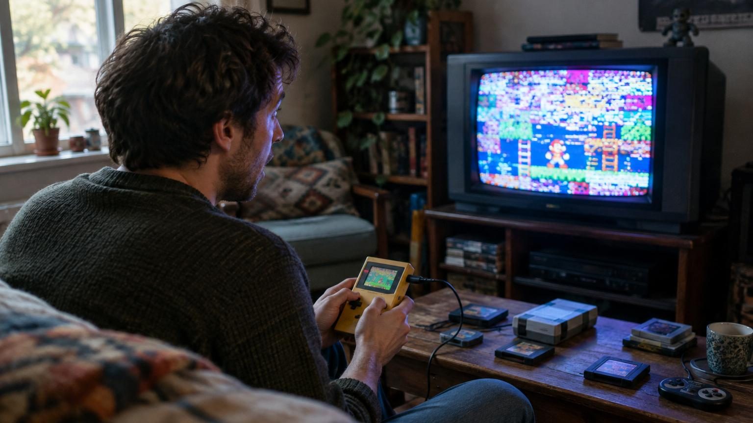 Capture d'écran d'une Game Boy affichant le bug où tous les Pokémon sont remplacés par le sprite du dresseur scout vêtu d'un chapeau de paille avec un filet à papillons