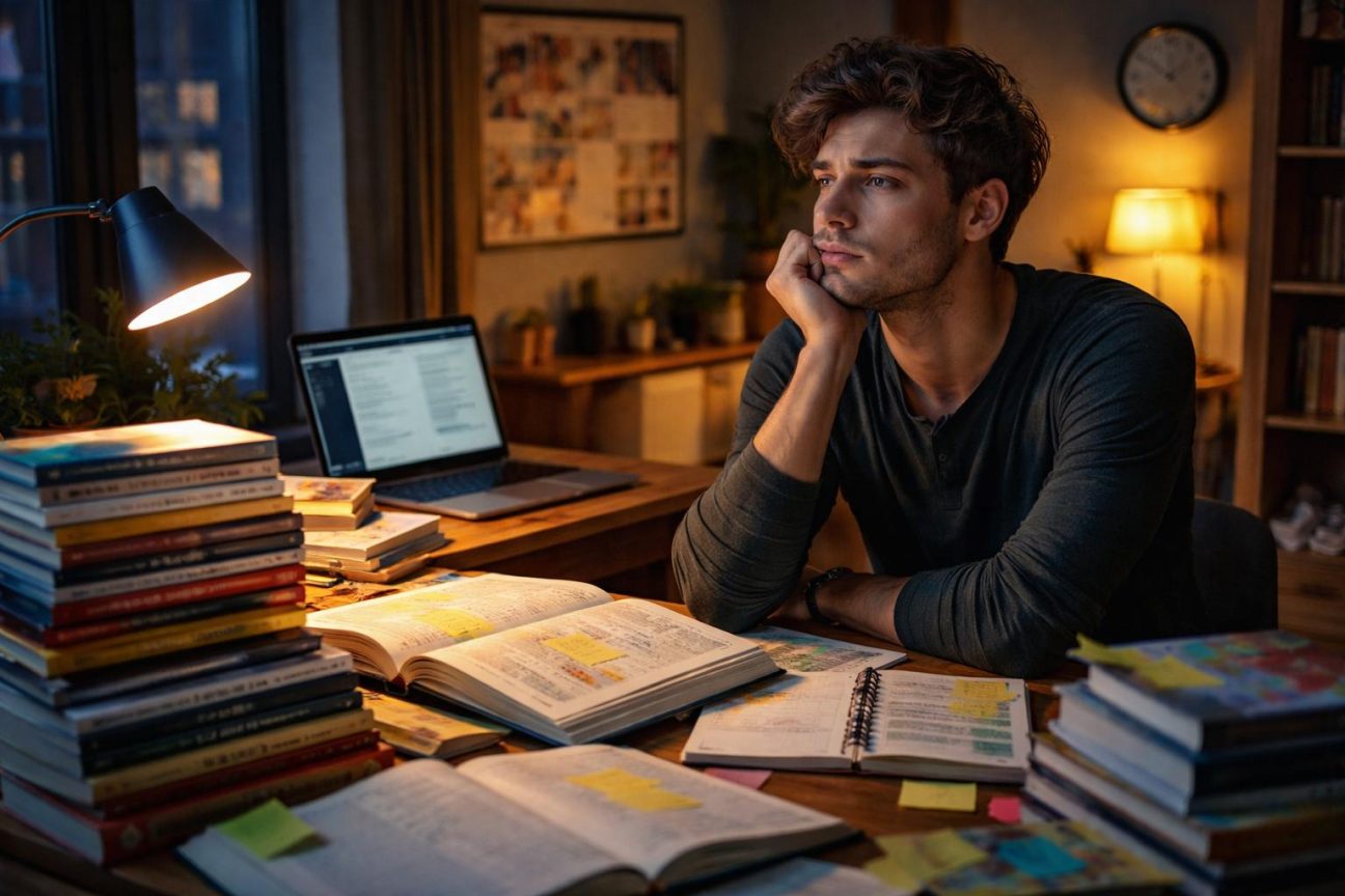 Personne assise lisant un livre, avec des piles de livres autour d'elle, illustrant l'accumulation de contenus de développement personnel sans changement concret dans la vie quotidienne
