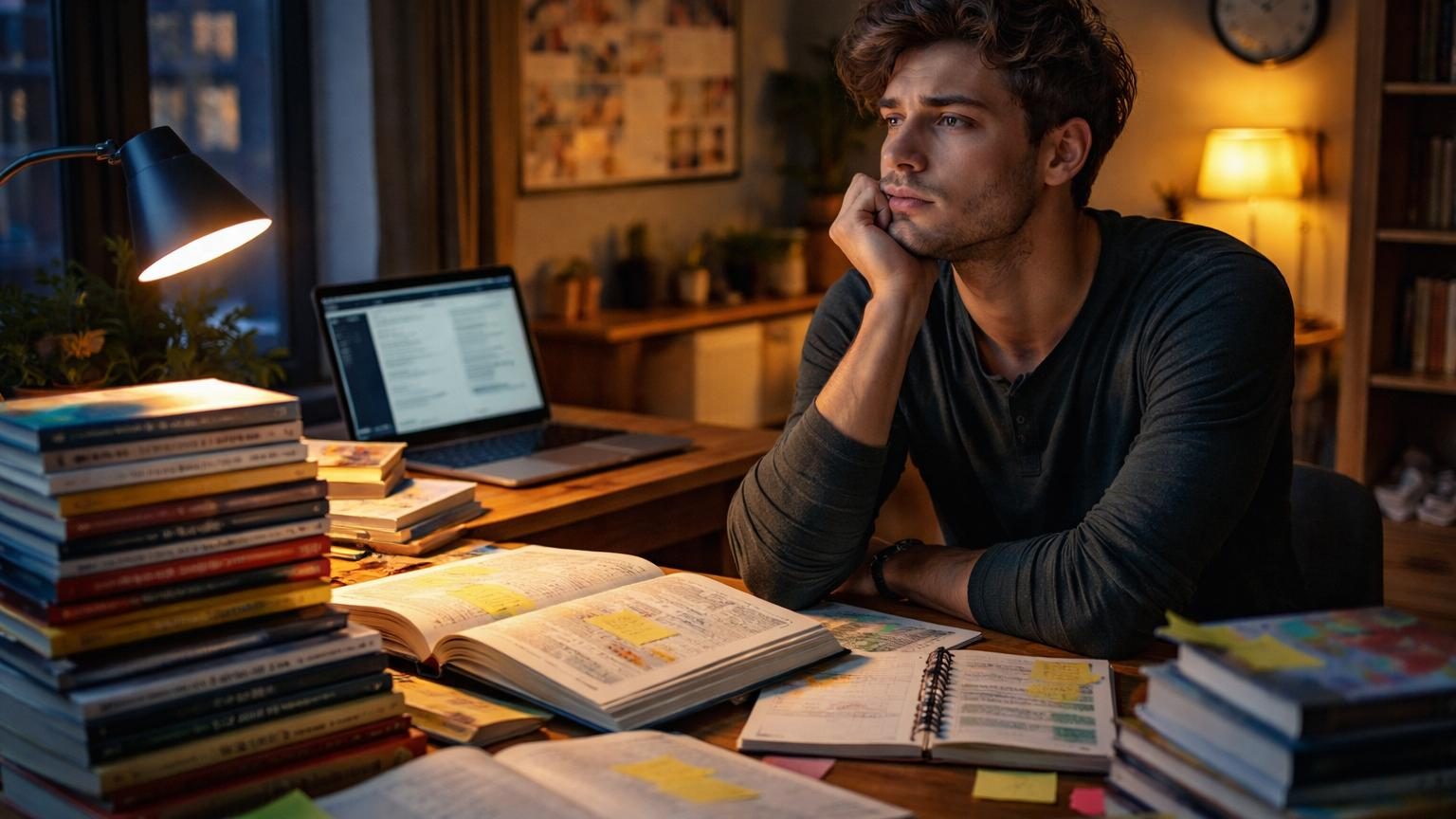 Personne assise lisant un livre, avec des piles de livres autour d'elle, illustrant l'accumulation de contenus de développement personnel sans changement concret dans la vie quotidienne