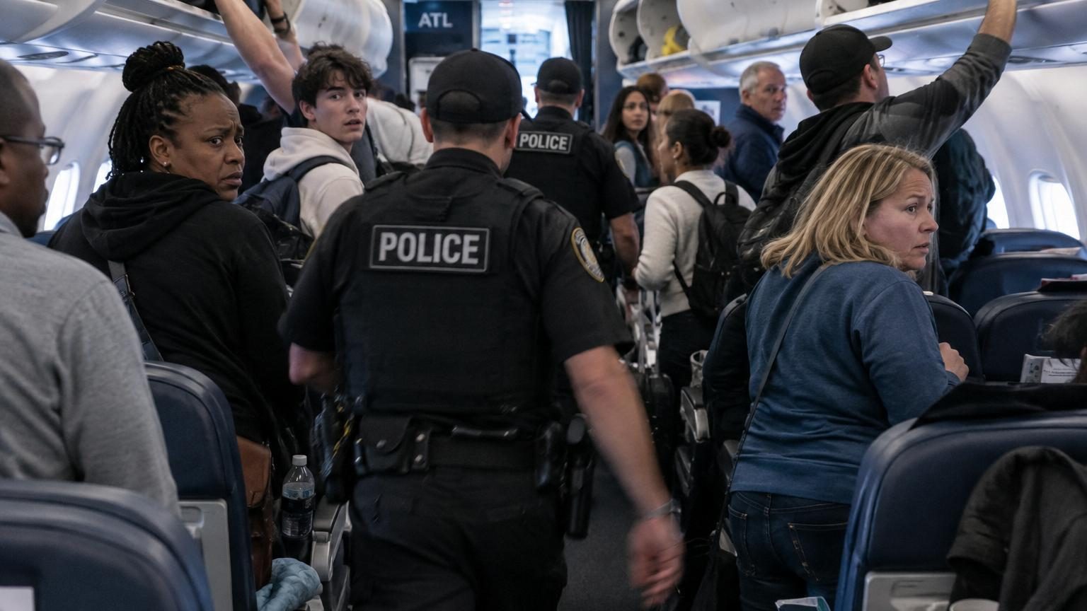 Policiers en uniforme marchant dans l'allée centrale d'un avion Frontier Airlines, passagers assis scrutant la scène dans une ambiance tendue.