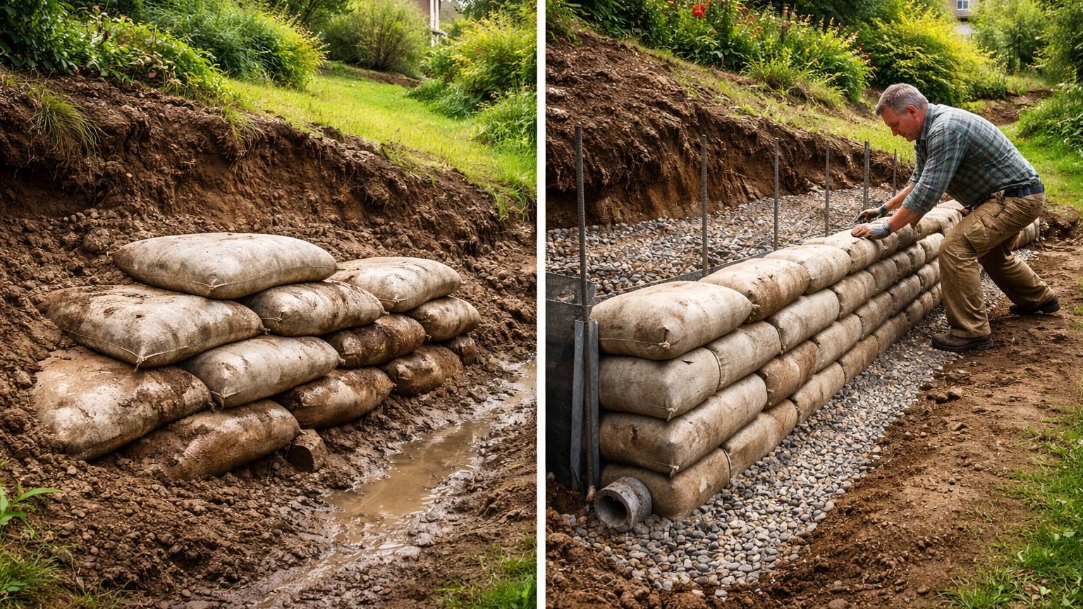 Sacs de béton sec empilés comme des briques contre un talus de terre, avec drainage et armatures visibles