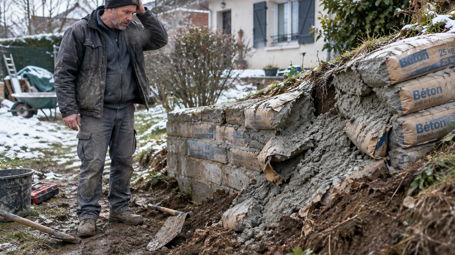 Mur de soutènement en sacs de béton empilés présentant des fissures et des déformations visibles après l'hiver, illustrant l'échec d'une construction sans drainage adéquat ni fondations appropriées.