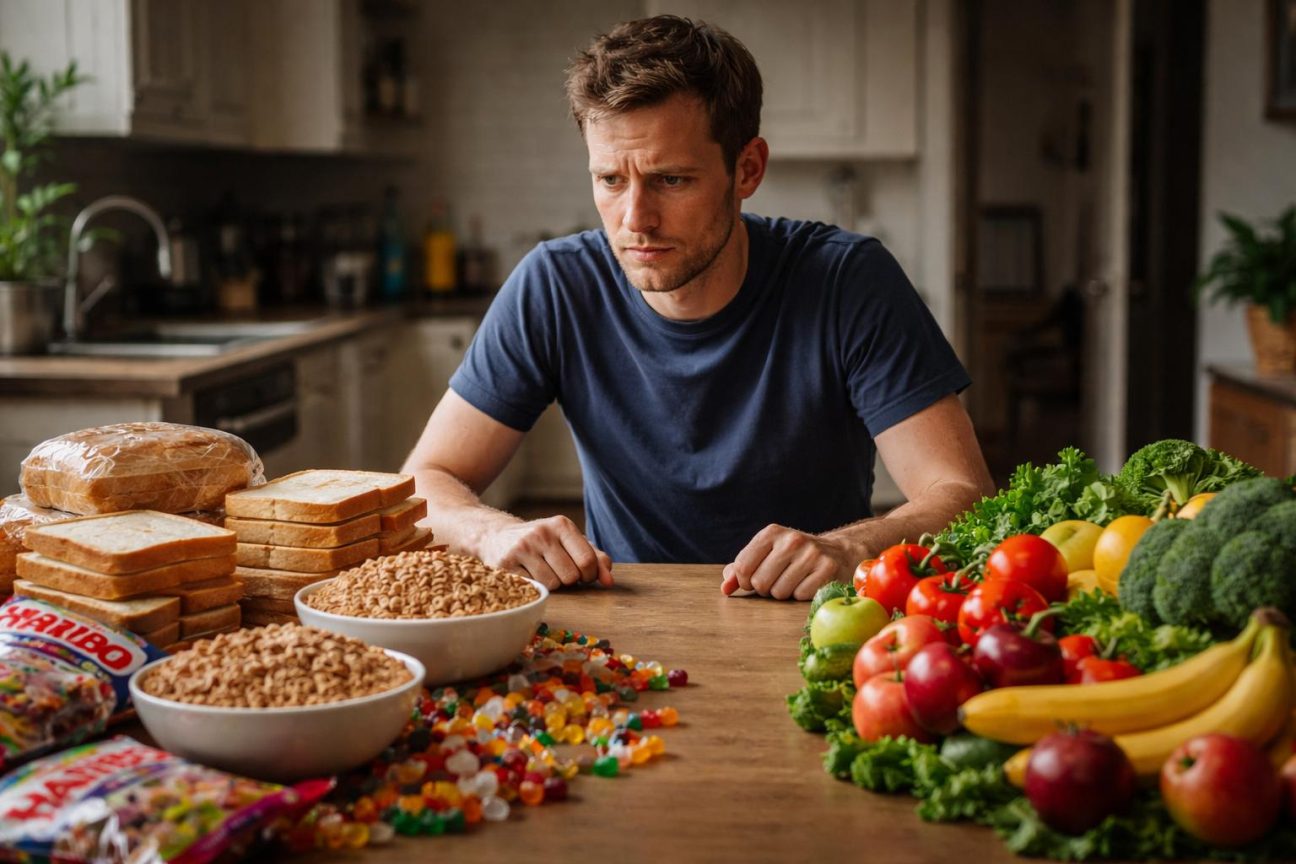 Portrait d'un homme adulte devant une table avec du pain blanc, des céréales et des bonbons, aliments constituant son régime quotidien depuis l'enfance.