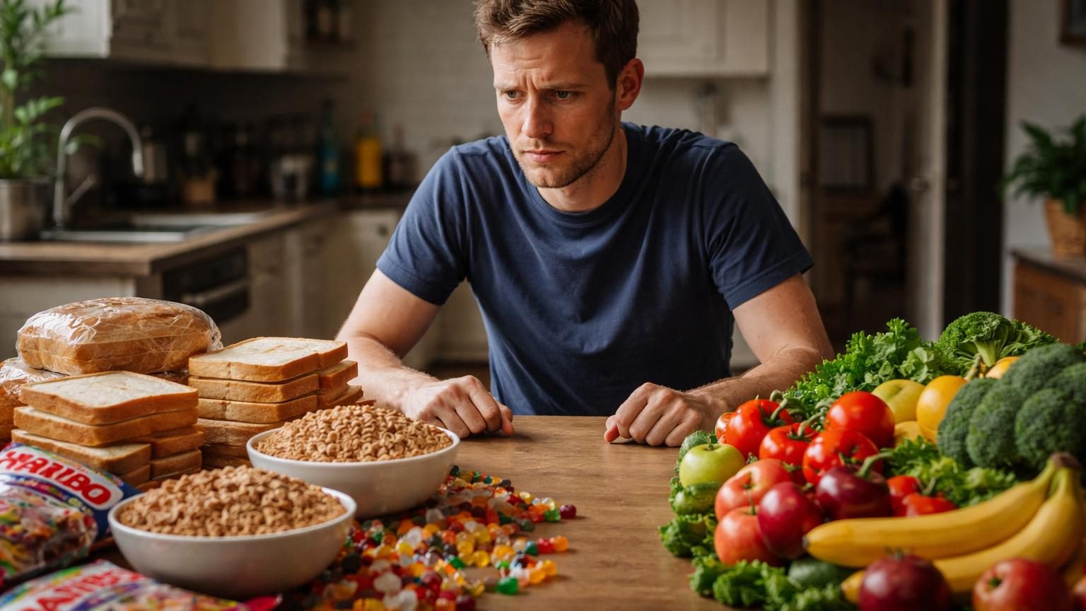 Portrait d'un homme adulte devant une table avec du pain blanc, des céréales et des bonbons, aliments constituant son régime quotidien depuis l'enfance.
