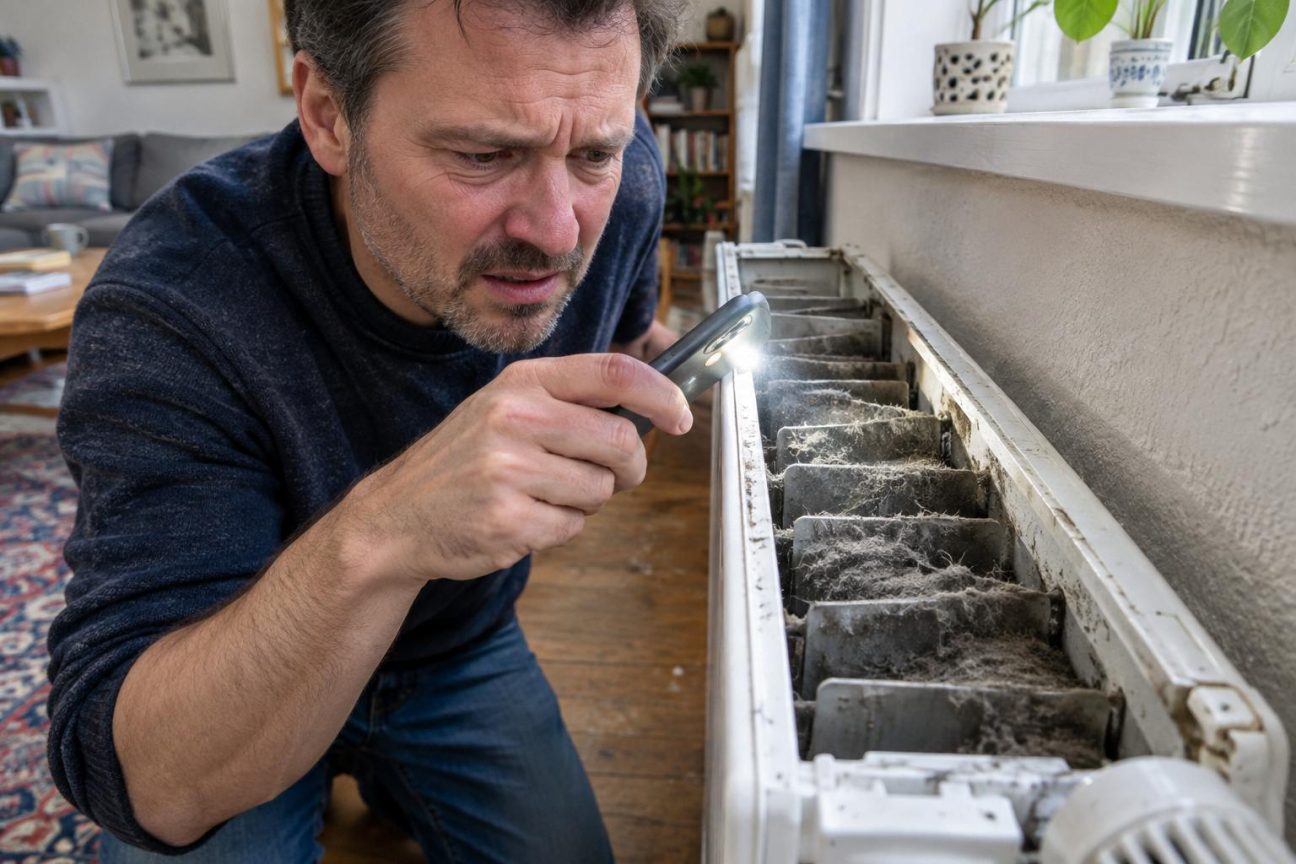 Un radiateur blanc du salon avec ses ailettes visibles, présenté en gros plan pour montrer la poussière épaisse et grise accumulée entre les interstices.