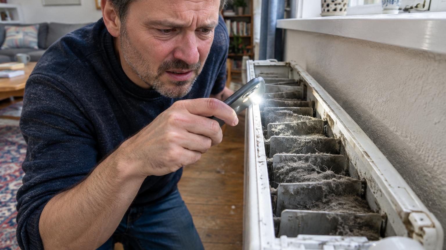 Un radiateur blanc du salon avec ses ailettes visibles, présenté en gros plan pour montrer la poussière épaisse et grise accumulée entre les interstices.