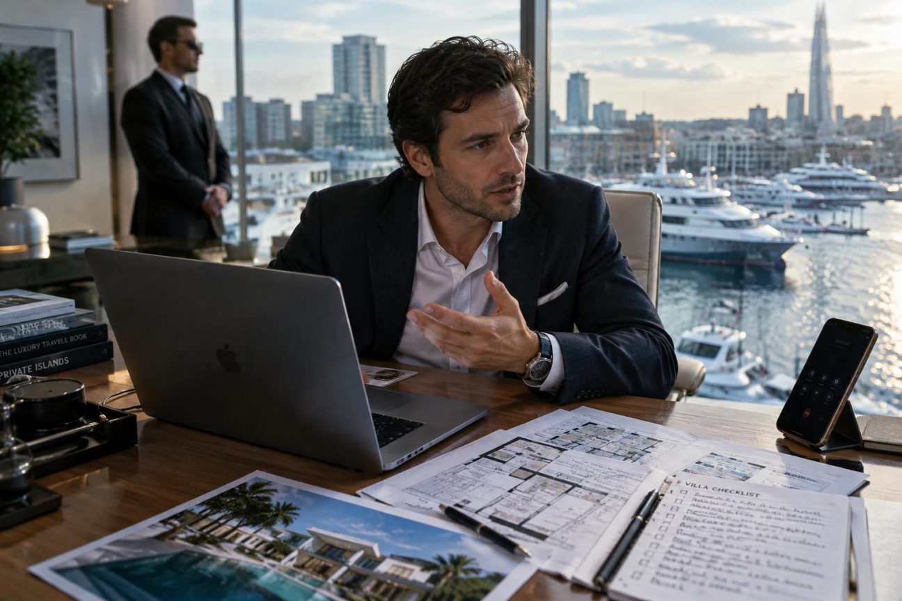 Un organisateur de voyages de luxe consultant des dossiers de clients milliardaires dans un bureau élégant avec vue sur piscine privée.