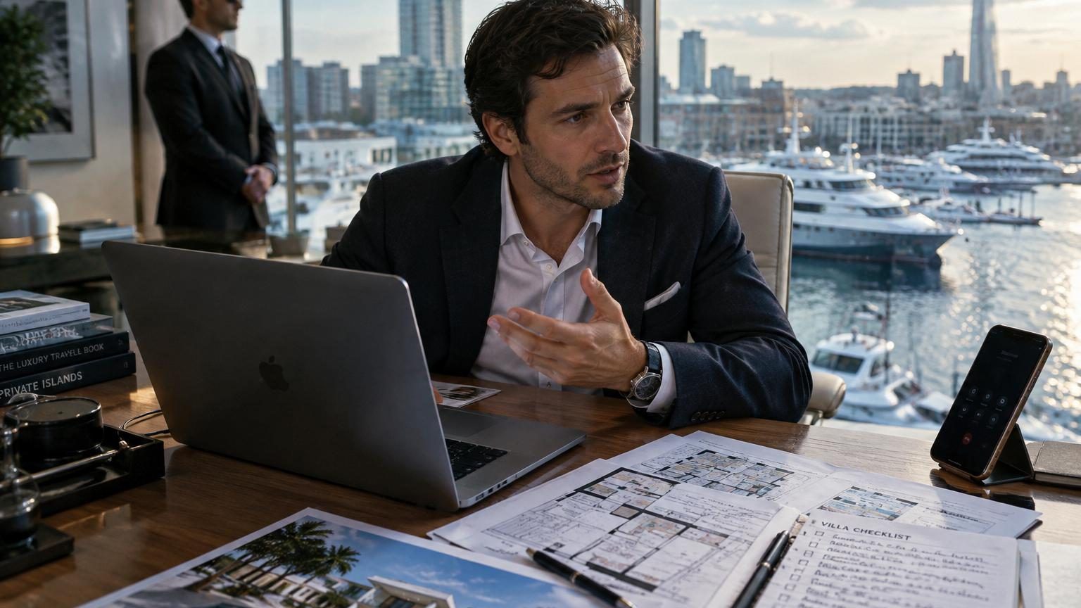 Un organisateur de voyages de luxe consultant des dossiers de clients milliardaires dans un bureau élégant avec vue sur piscine privée.