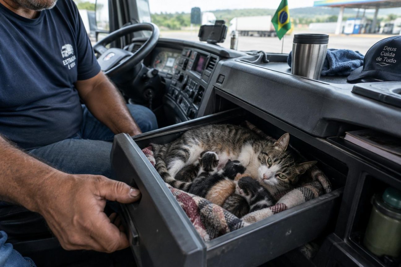 Un routier ouvre délicatement le tiroir de sa cabine de camion pour révéler une chatte paisible allaitant ses cinq chatons serrés contre elle dans un petit espace aménagé.