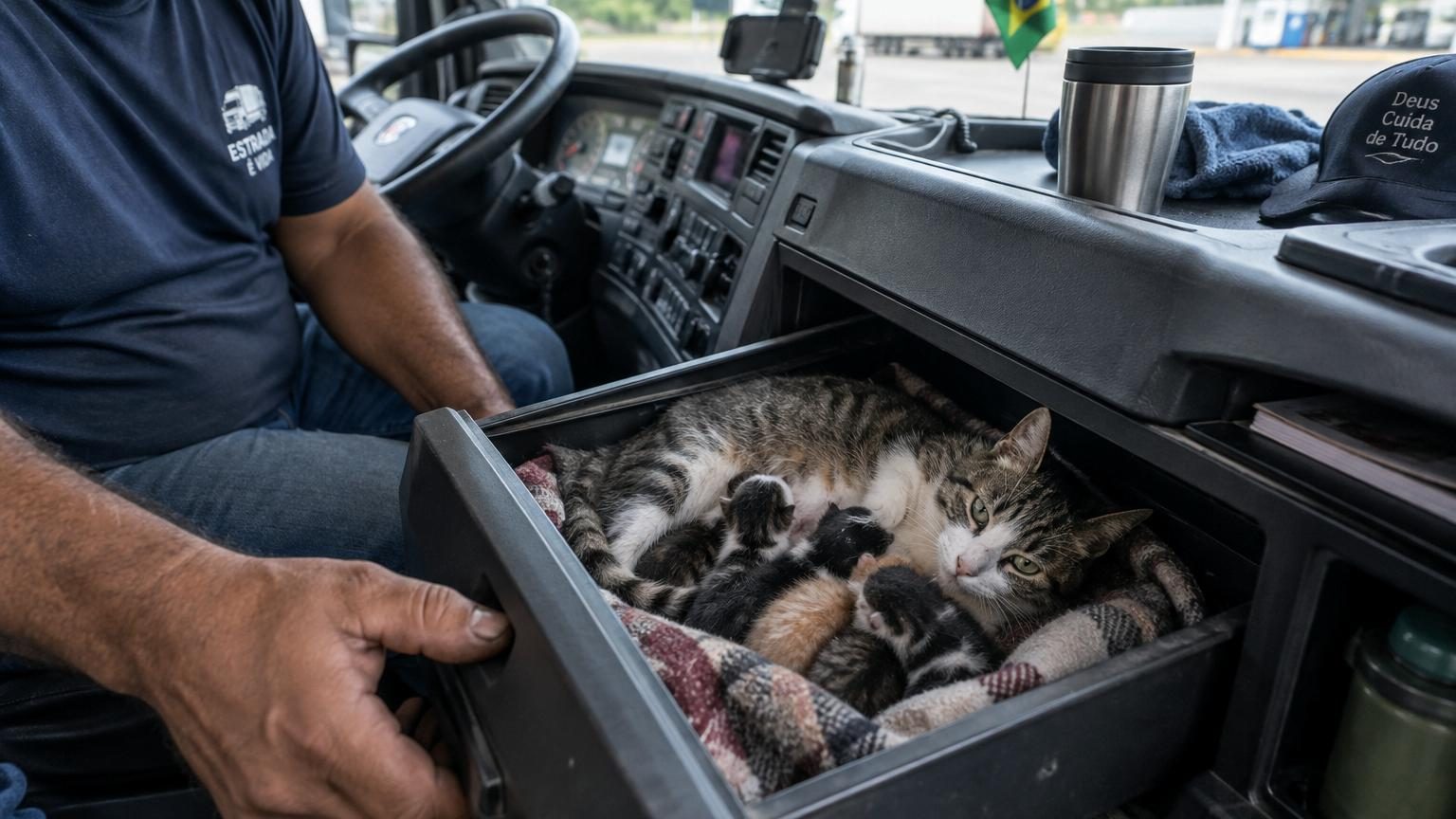 Un routier ouvre délicatement le tiroir de sa cabine de camion pour révéler une chatte paisible allaitant ses cinq chatons serrés contre elle dans un petit espace aménagé.