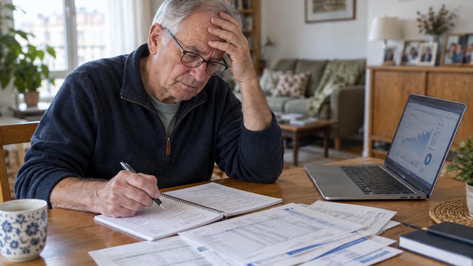 Un homme retraité examine ses relevés bancaires avec préoccupation, reflétant sur ses erreurs financières passées en retraite anticipée.