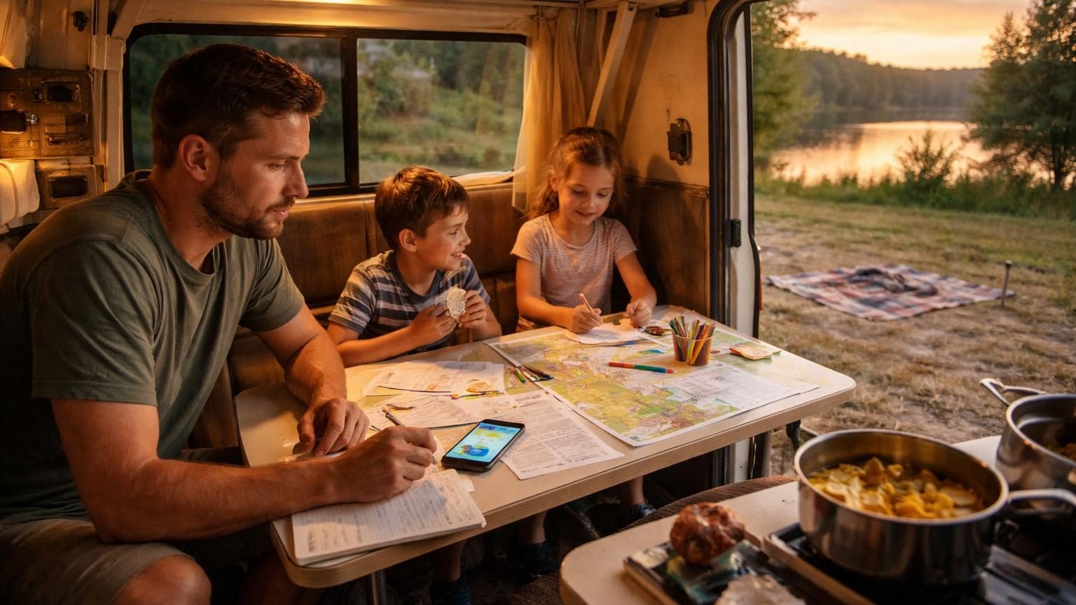 Intérieur d'un camping-car avec deux enfants assis près d'une table, une carte routière déployée et des petits objets de voyage; lumière naturelle par les fenêtres
