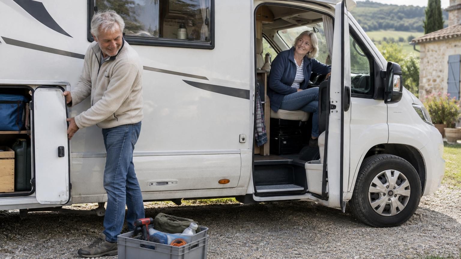 Jean-Louis, retraité de 68 ans, à côté de son camping-car, vérifiez les détails avant un départ en vacances avec sa femme Monique