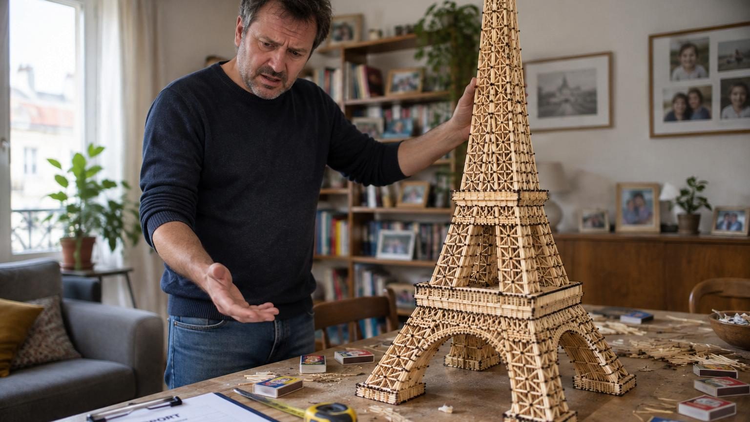 Une tour Eiffel miniature construite entièrement en allumettes de bois assemblées, mesurant 7,19 mètres de hauteur avec une structure ajourée et des poutrelles en bois très fin.