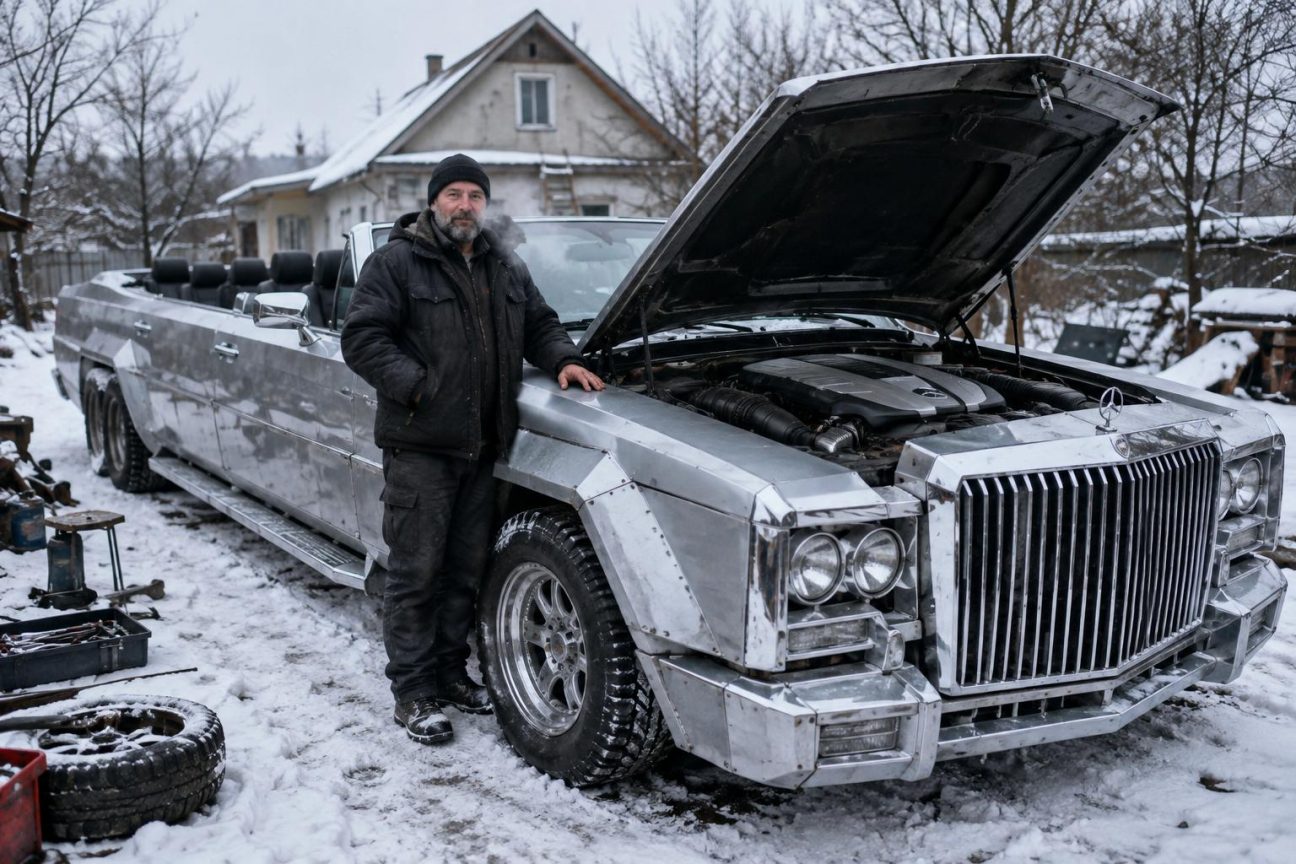 Cabriolet argenté massif de 5 mètres exposé dans une allée enneigée, avec calandre chromée imposante et carrosserie aux lignes géométriques anguleuses, construction artisanale unique.