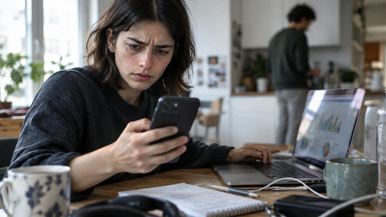 Illustration conceptuelle montrant un écran divisé entre un côté humain (silhouette blanche) et un côté machine (tête de robot), symbolisant la détection d'IA dans les messages personnels