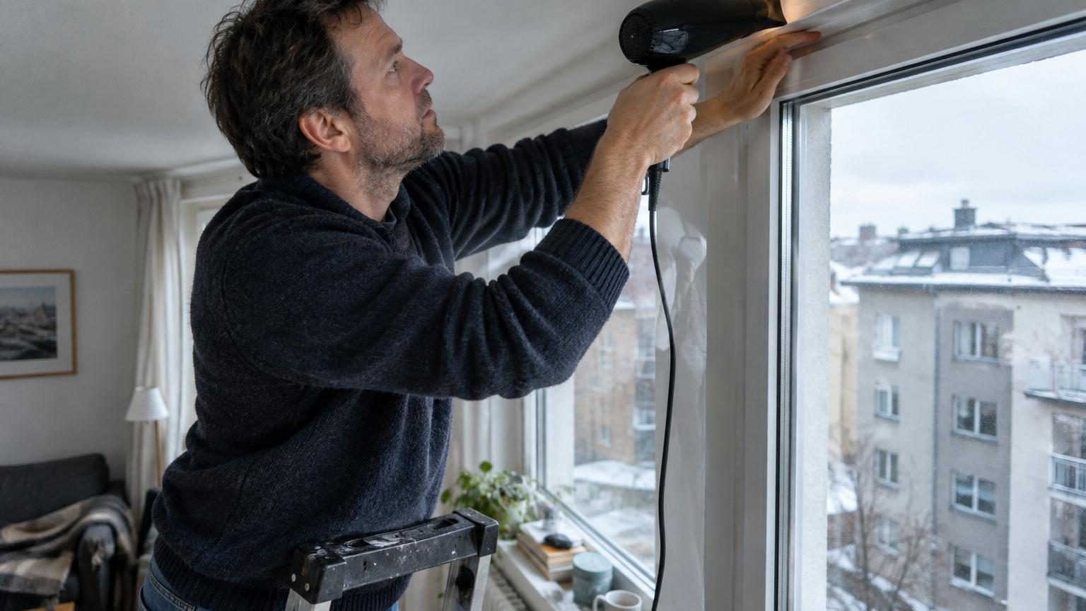 Un homme utilise un sèche-cheveux le long des montants d'une fenêtre pour détecter les fuites d'air, une main libre levée pour sentir le froid s'infiltrer.