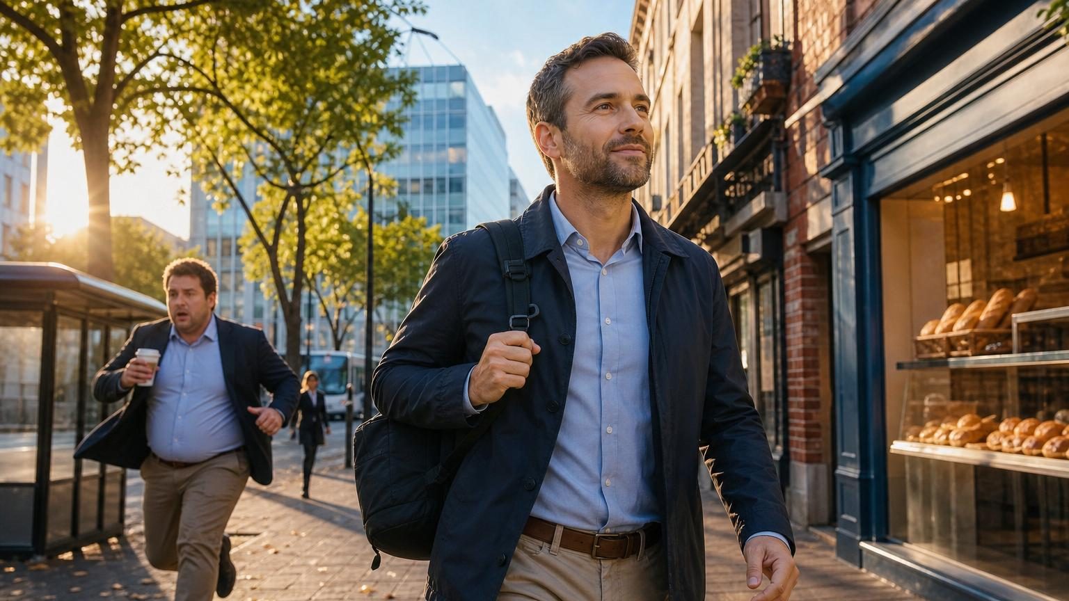 Un homme d'âge moyen marche dans une rue calme du quartier en début de matinée, avec un petit sac à dos, passer devant des façades de maisons et des commerces locaux.