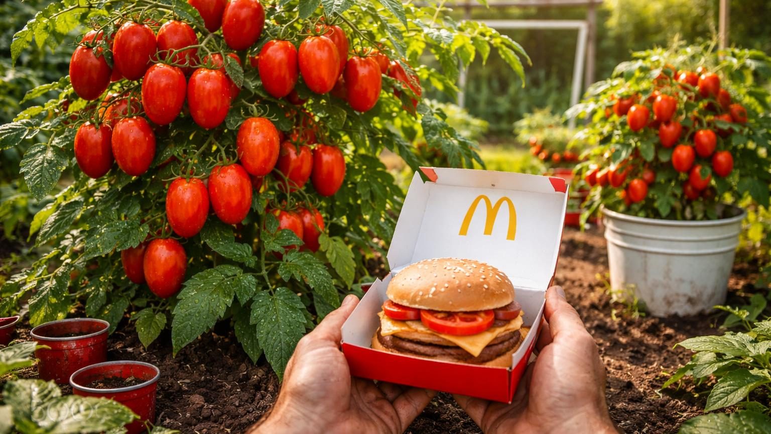 Un plant de tomate chargé de dizaines de tomates rouges mûres, issu d'une graine extraite d'un burger McDonald's, cultivé en pleine terre dans un jardin.