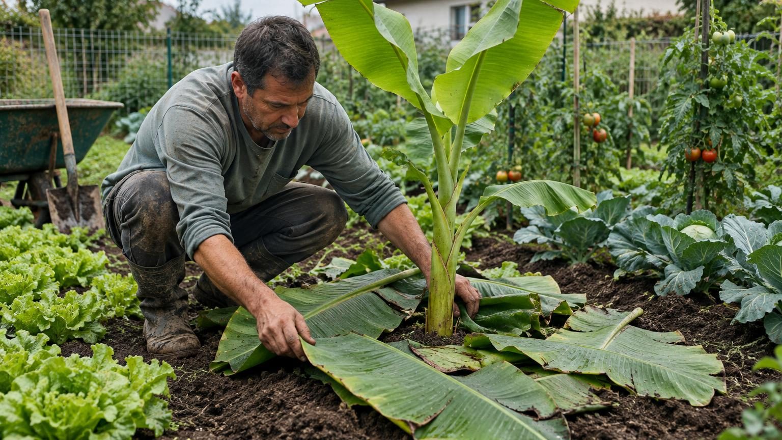 Potager français avec un bananier aux feuilles vertes tendre au milieu de plantations, ses larges feuilles déposées au sol comme paillage naturel.