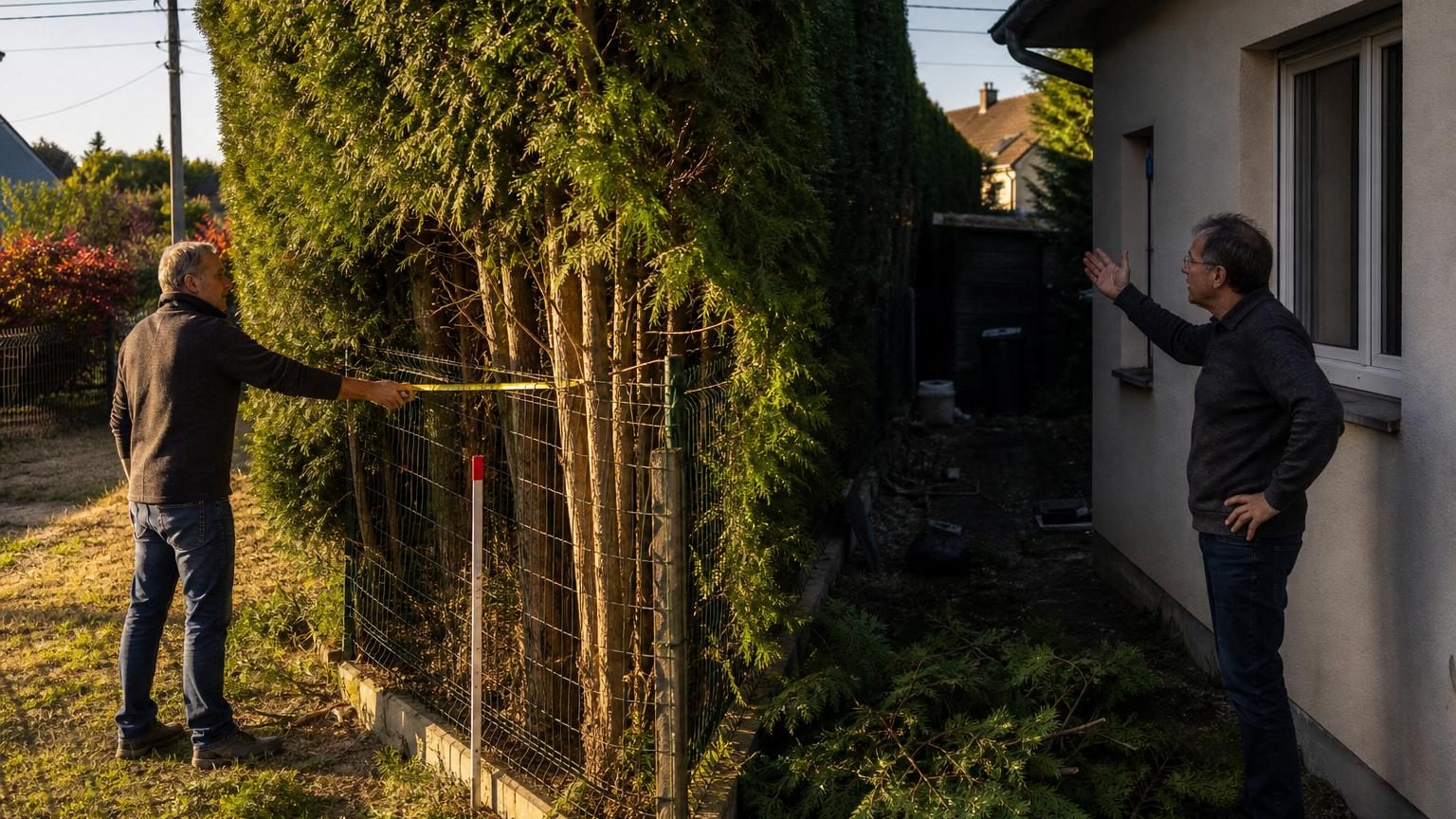 Haie de thuyas dense et haute dépassant le toit d'un cabanon, plantée trop près de la limite de propriété, créant une zone ombragée chez le voisin.