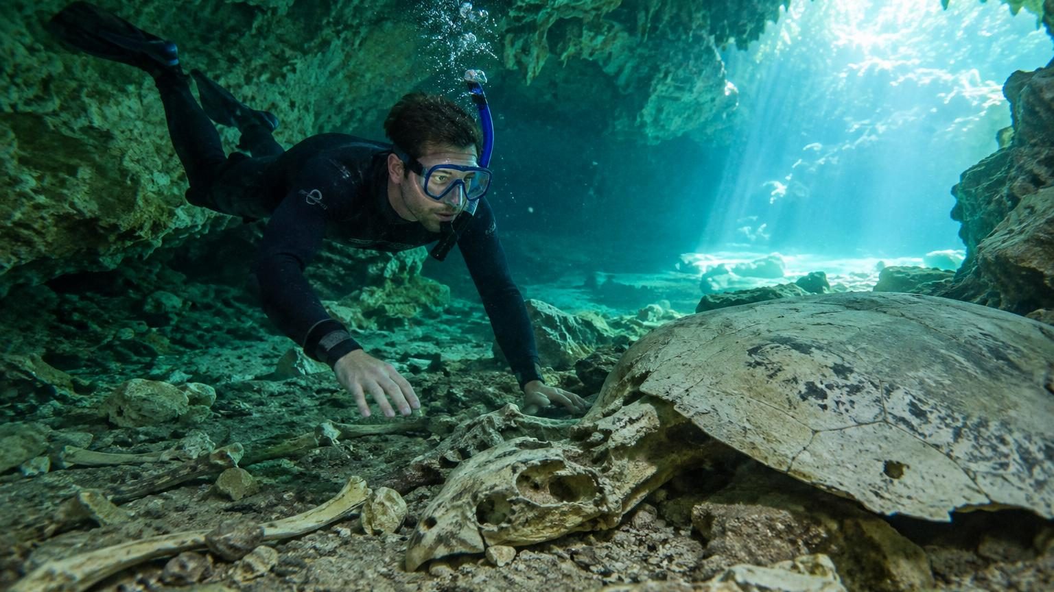 Un plongeur en tuba explore une rivière souterraine sombre, entouré d'ossements fossilisés éparpillés sur le lit rocheux illuminé par une lampe.